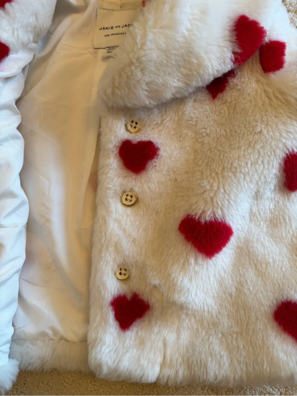 Infant Girls Janie and Jack White Faux-Fur Jacket with Red Heart Print